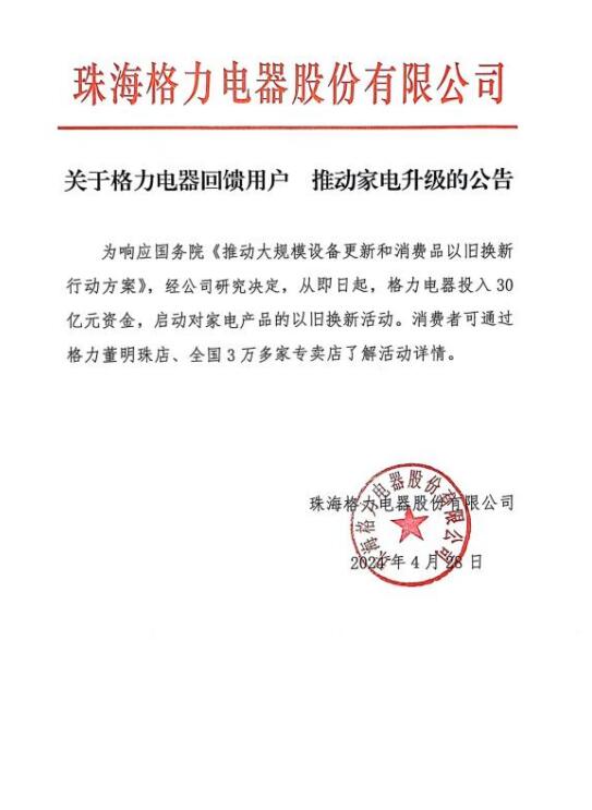 华体育手机版app官网下载：格力电器拿出30亿助力家电升级 “以旧换新”营谋谨慎开启！(图1)